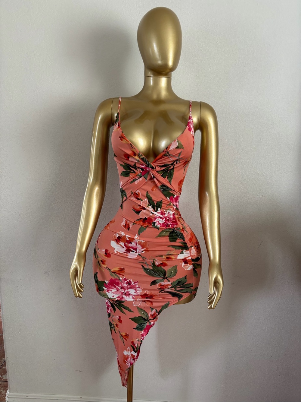 Floral Twist-Front Asymmetric Slip Dress - Coral